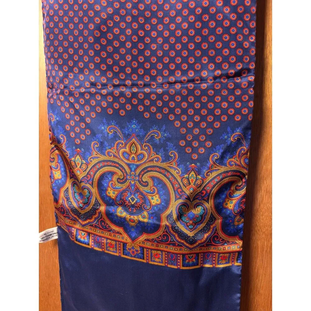 80s Vintage Bill Blass Navy + Orange Patterned 100% Silk + Wool Rectangle Scarf